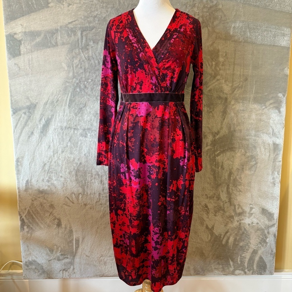 Boden Wrap Cocktail Dress Red and Black Long Sleeve V-Neck Wmn’s 4L